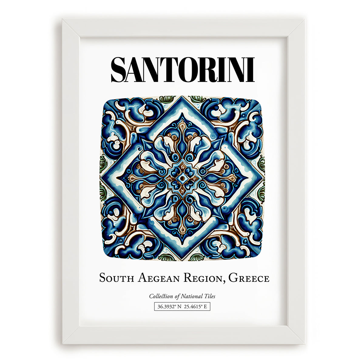 Santorini, Greece – Travel Poster, placed in minimal white frame