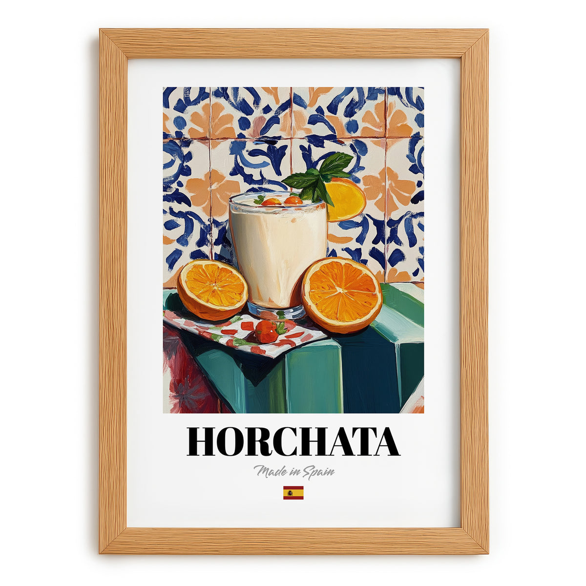 Horchata – Spanish Beverage Drink, Cocktail Lounge Art, set in oak frame