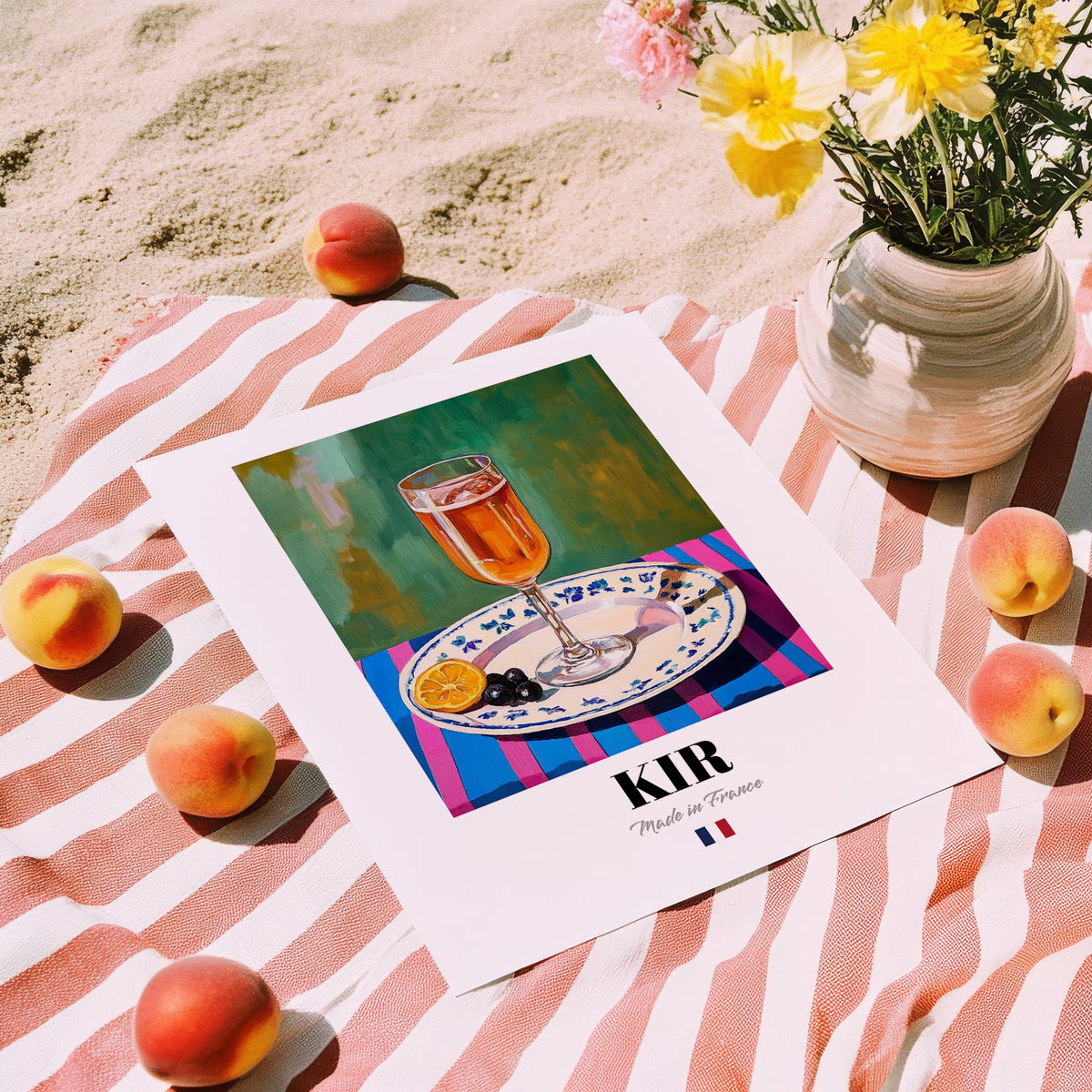 Kir – French Cocktail Drink, Sky Bar Illustration, unframed on coastal sand