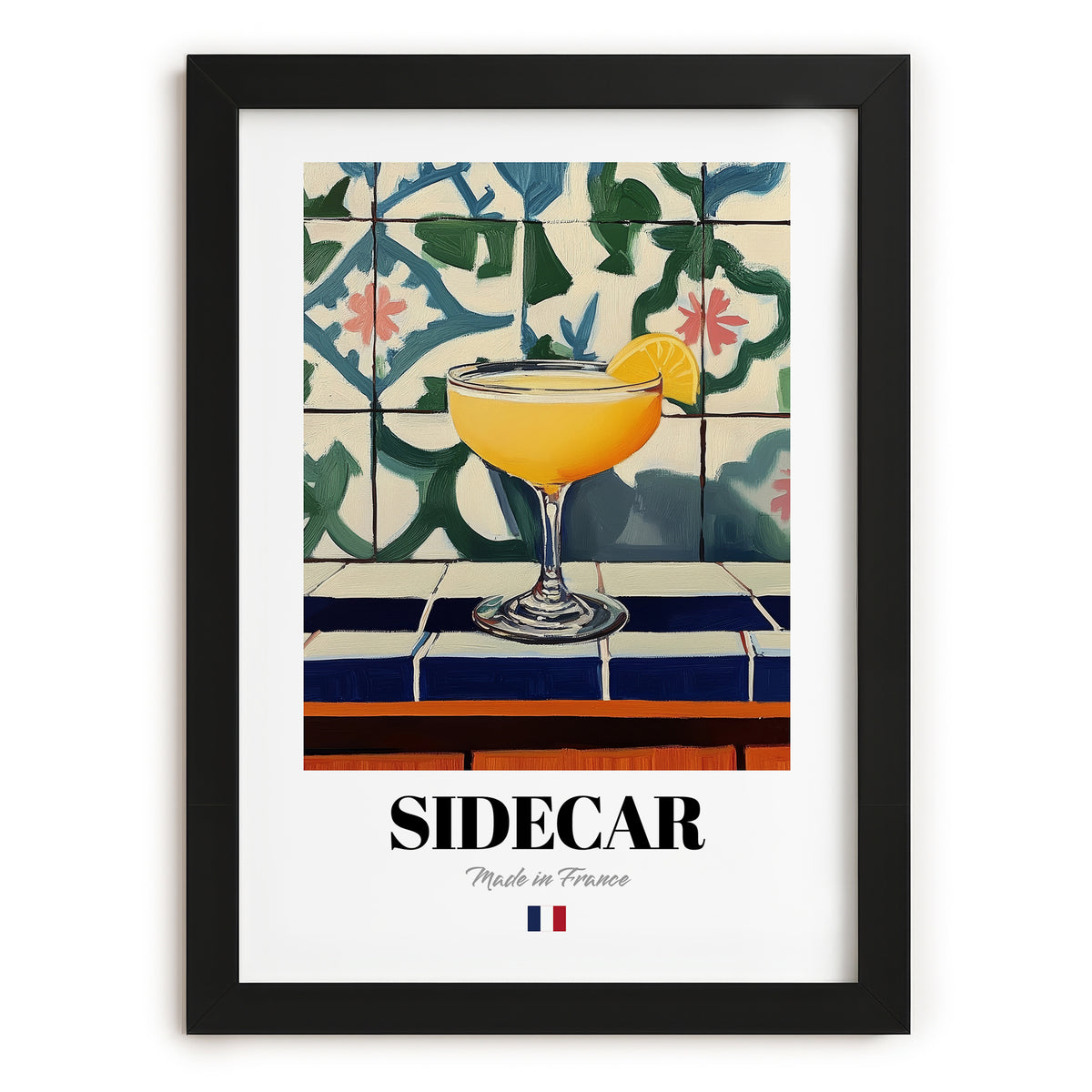 Sidecar – French Cocktail Drink, Beach Bar Print, in sleek black frame