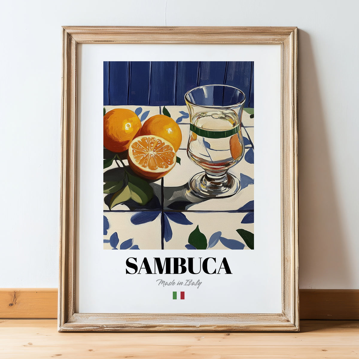 Sambuca – Italian Liqueur Drink, Beach Bar Poster, in wooden frame leaning on the floor
