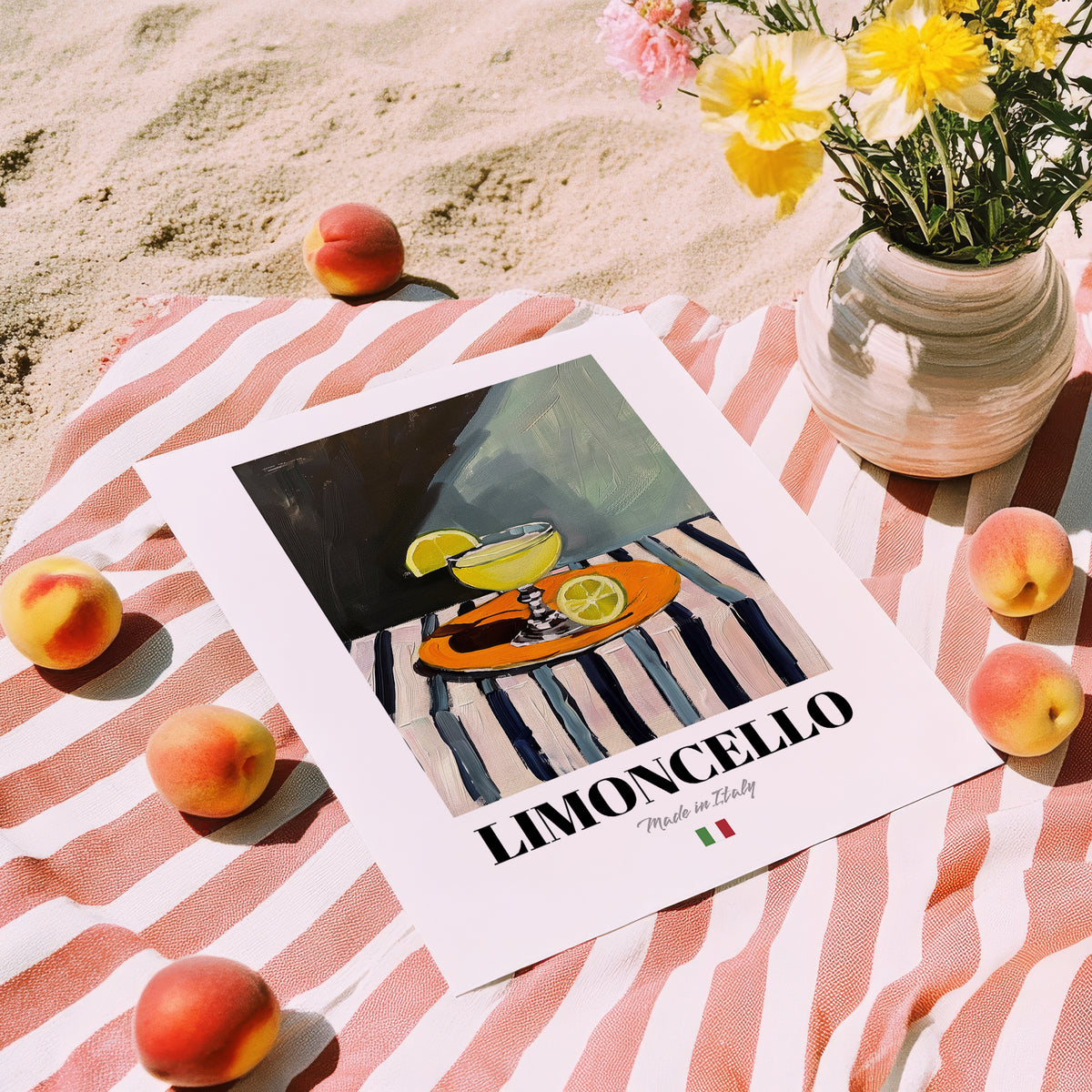 Limoncello – Italian Liqueur Drink, Cocktail Lounge Poster, unframed on coastal sand