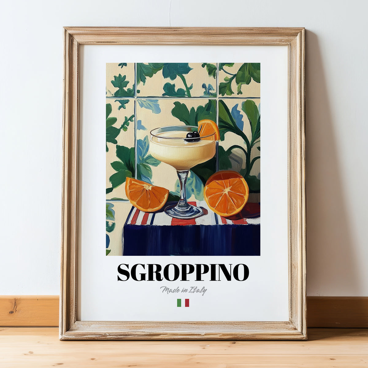 Sgroppino – Italian Cocktail Drink, Beach Bar Print, in wooden frame leaning on the floor