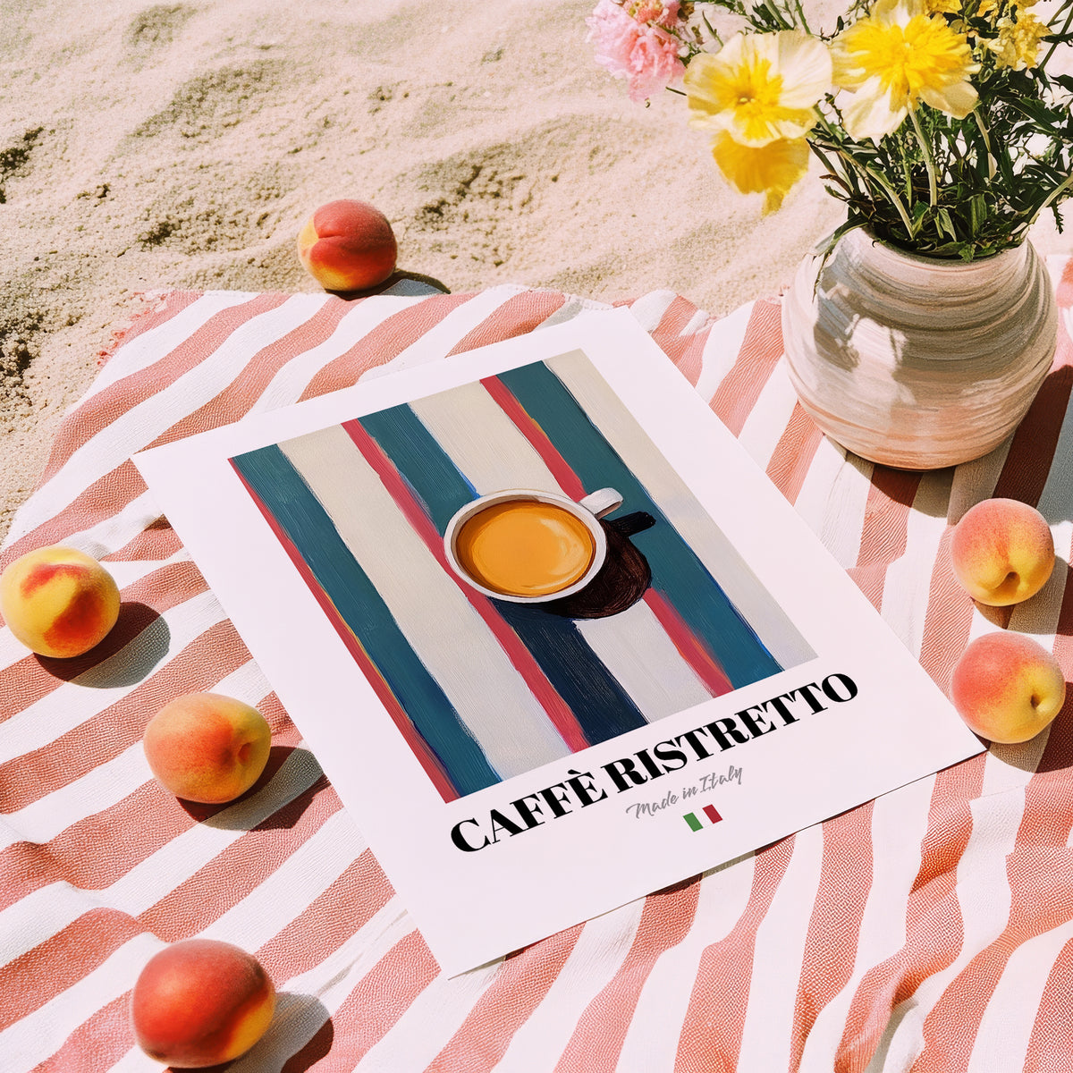 Caffè Ristretto – Italian Coffee, Street Café Poster, unframed on coastal sand