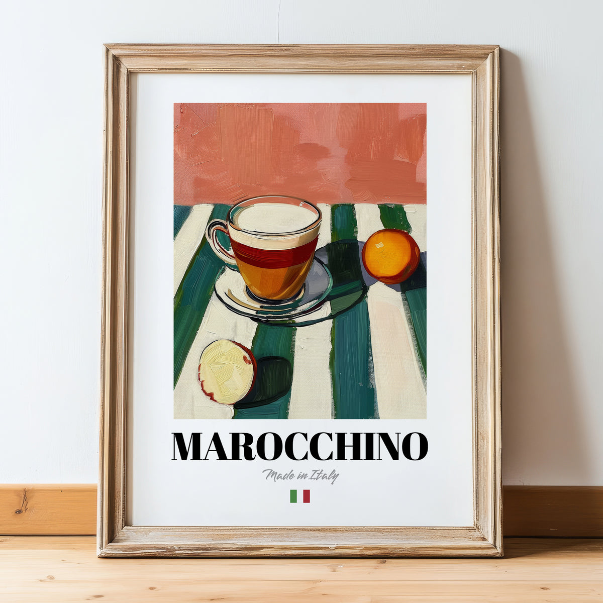 Marocchino – Italian Coffee, Book Café Art, in wooden frame leaning on the floor