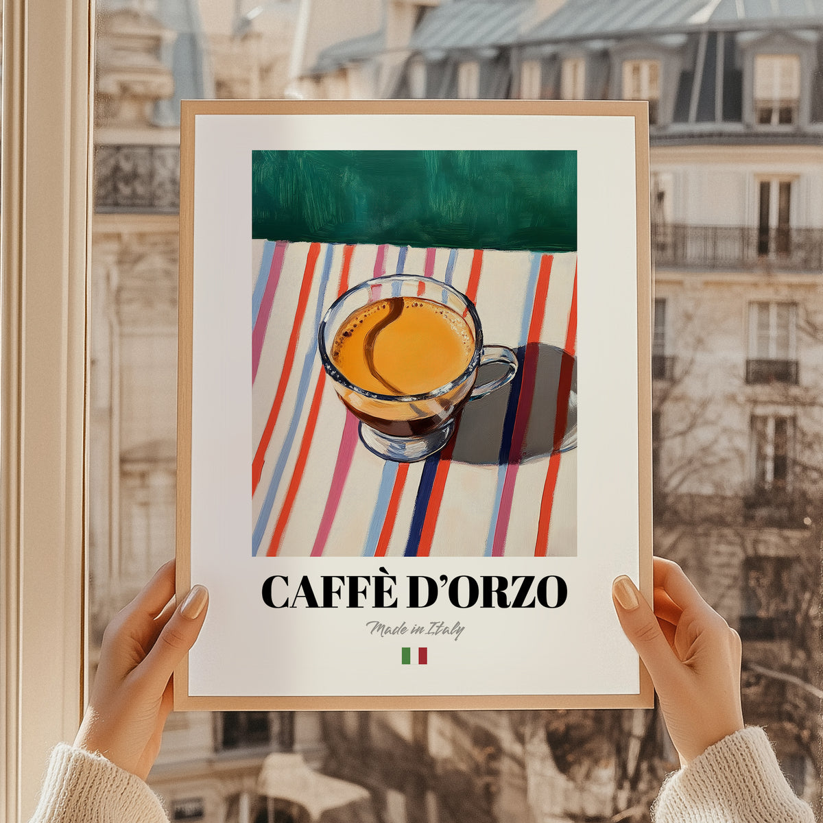 Caffè d'Orzo – Italian Coffee, Street Café Print, styled in a charming Paris street view