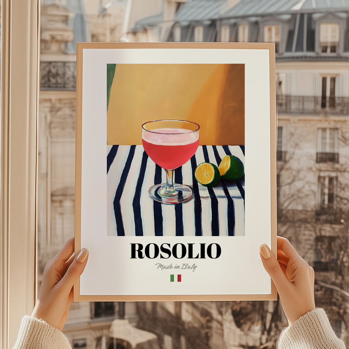 Rosolio – Italian Liqueur Drink, Sky Bar Poster, styled in a charming Paris street view