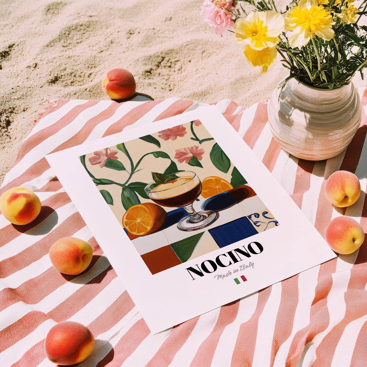 Nocino – Italian Liqueur Drink, Rooftop Terrace Print, unframed on coastal sand