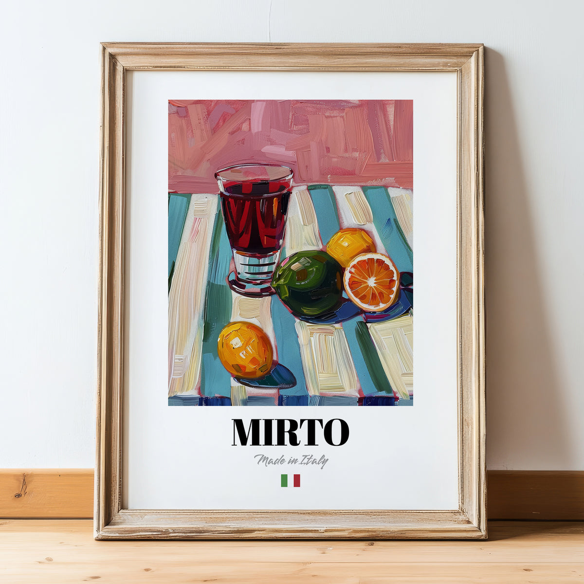 Mirto – Italian Liqueur Drink, Sky Bar Illustration, in wooden frame leaning on the floor