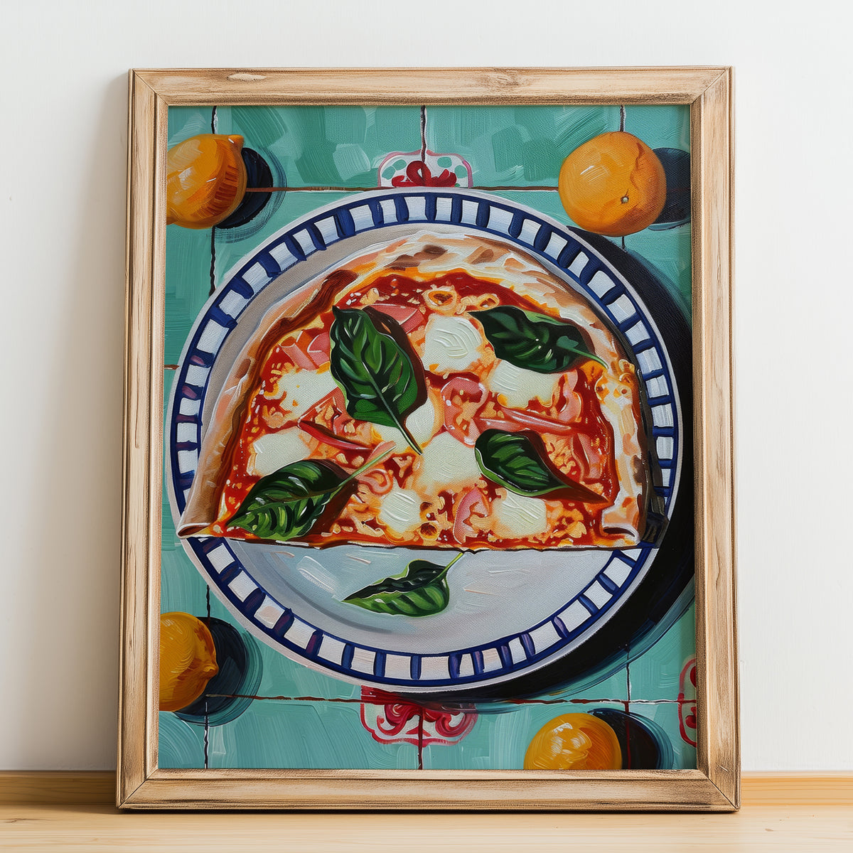 Pizza Margherita – Italian Pizza, Ristorante Poster, no-text version framed in wood