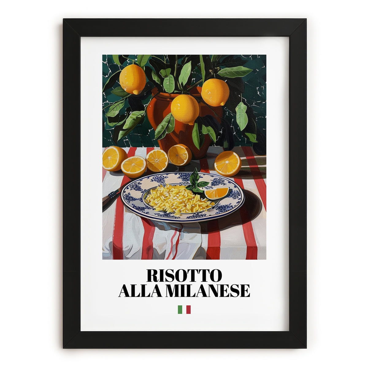 Risotto alla Milanese – Italian Rice Dish, Bistro Illustration, in sleek black frame