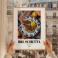 Bruschetta – Italian Snack Dish, Farmhouse Kitchen Illustration, styled in a charming Paris street view