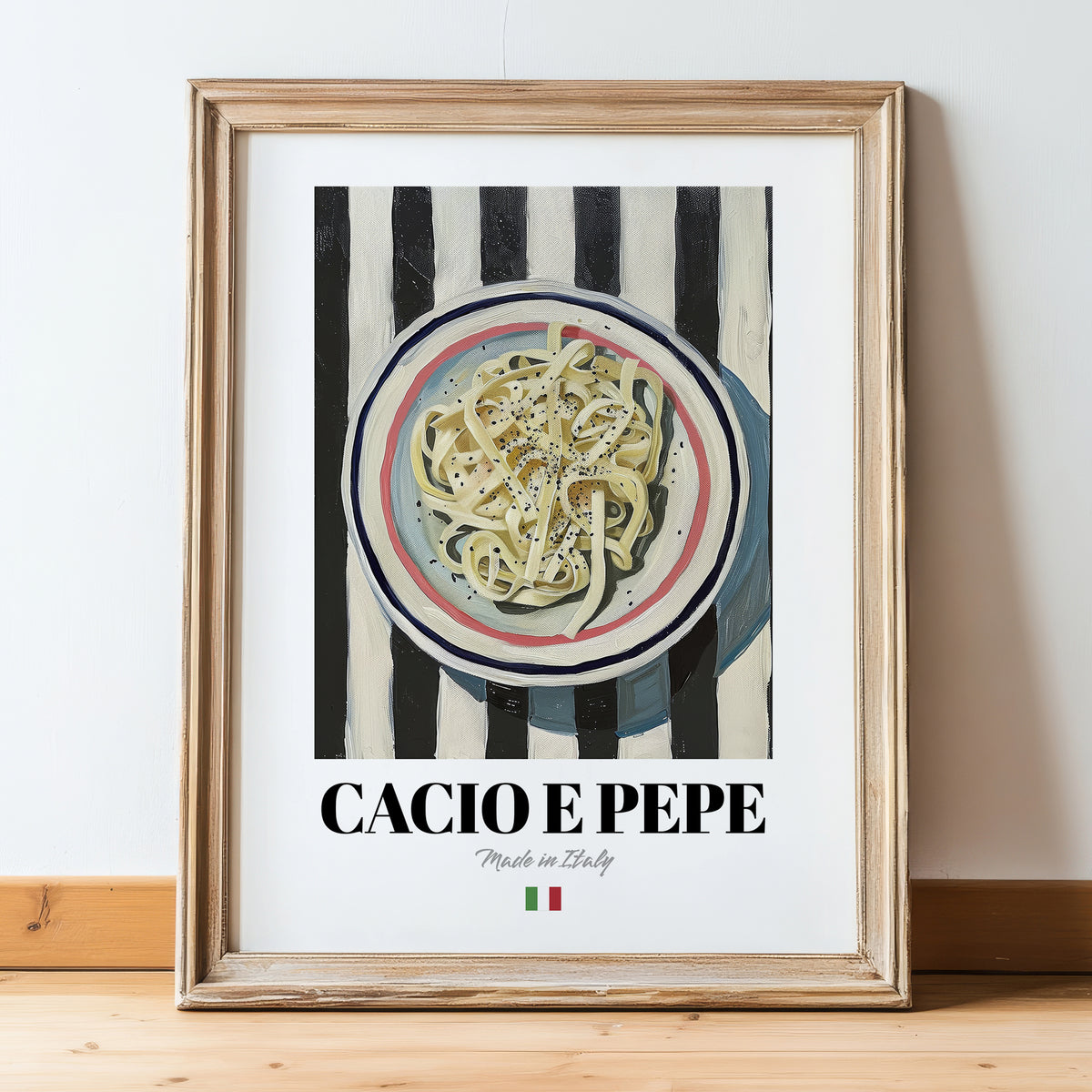 Cacio e Pepe – Italian Pasta, Trattoria Print, in wooden frame leaning on the floor