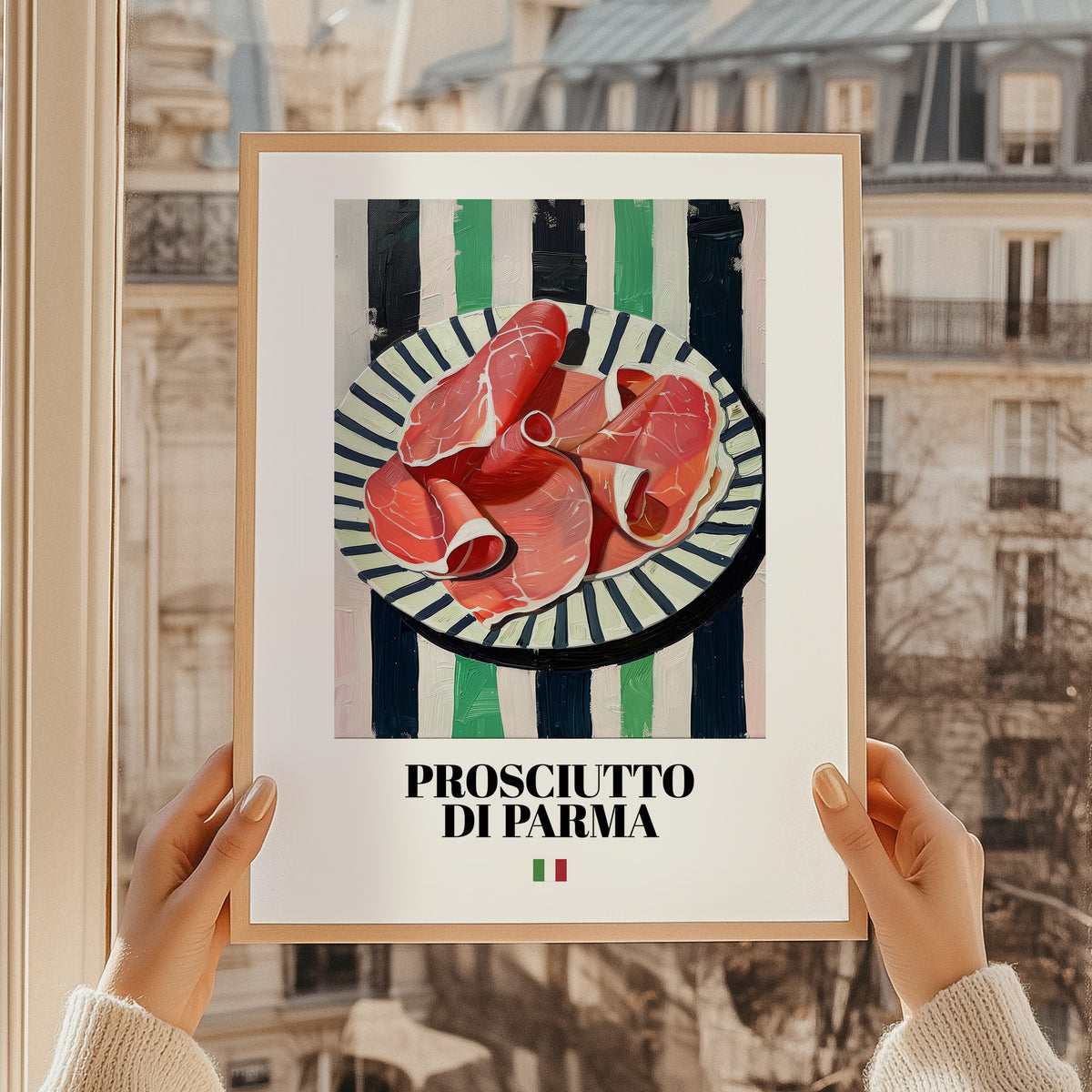 Prosciutto di Parma – Italian Meat Dish, Farmhouse Kitchen Painting, styled in a charming Paris street view