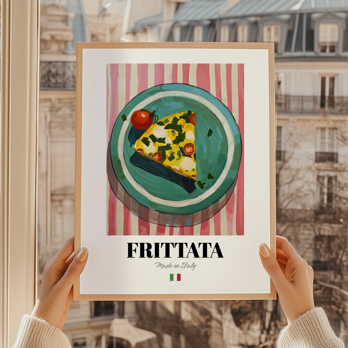 Frittata – Italian Snack Dish, Restaurant Poster, styled in a charming Paris street view