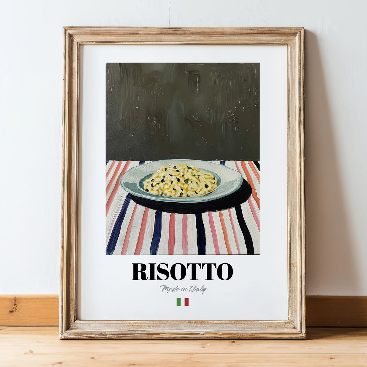 Risotto – Italian Stew Dish, Restaurant Still Life, in wooden frame leaning on the floor