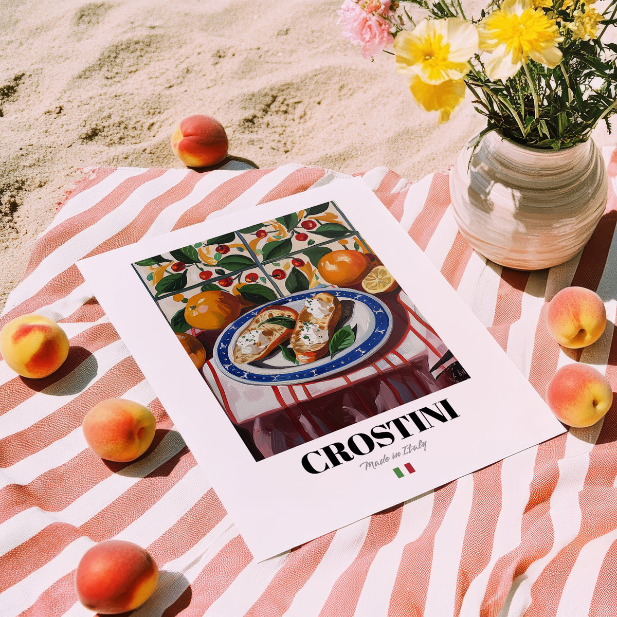 Crostini – Italian Snack Dish, Restaurant Print, unframed on coastal sand