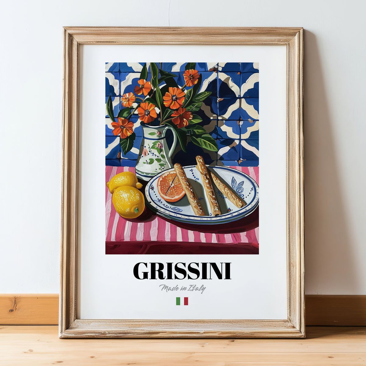 Grissini – Italian Bread Dish, Brasserie Poster, in wooden frame leaning on the floor