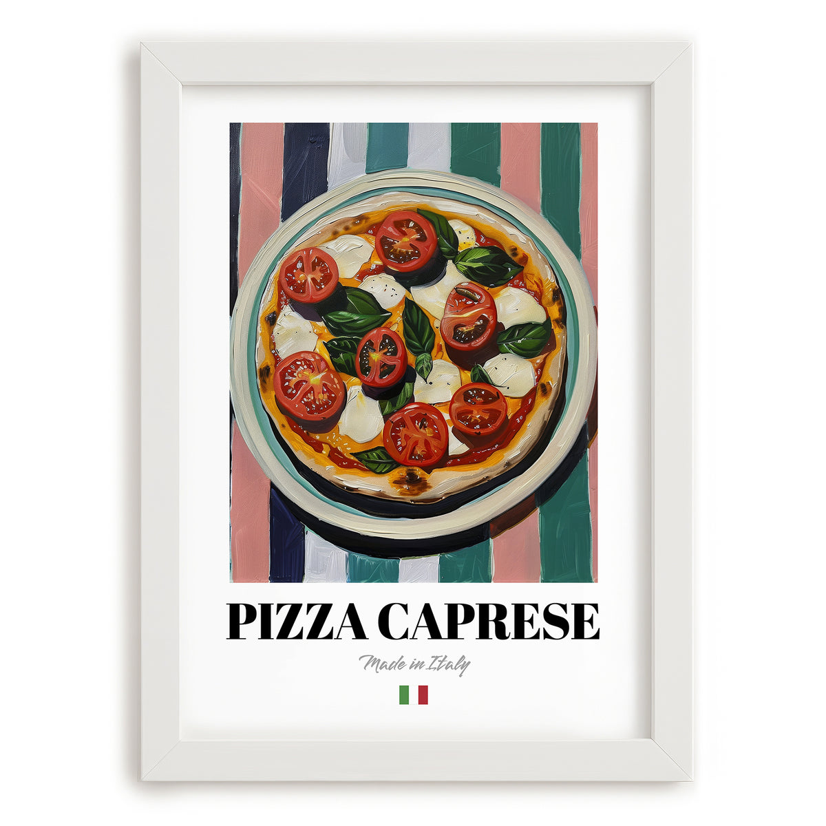 Pizza Caprese – Italian Pizza, Pizzeria Wall Art, placed in minimal white frame