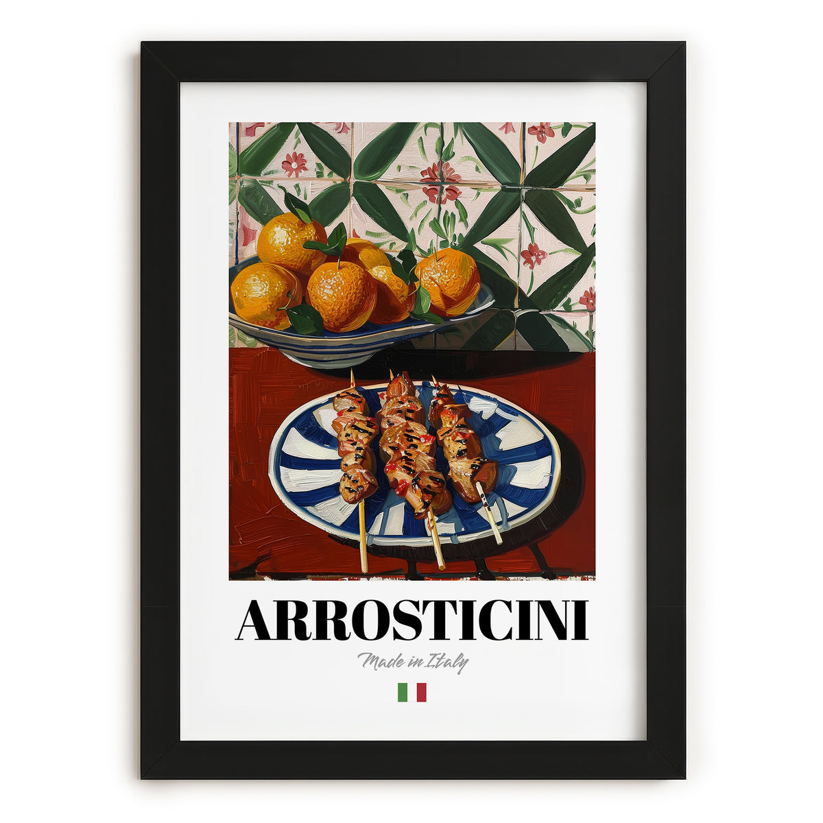 Arrosticini – Italian Meat Dish, Tavern Illustration, in sleek black frame