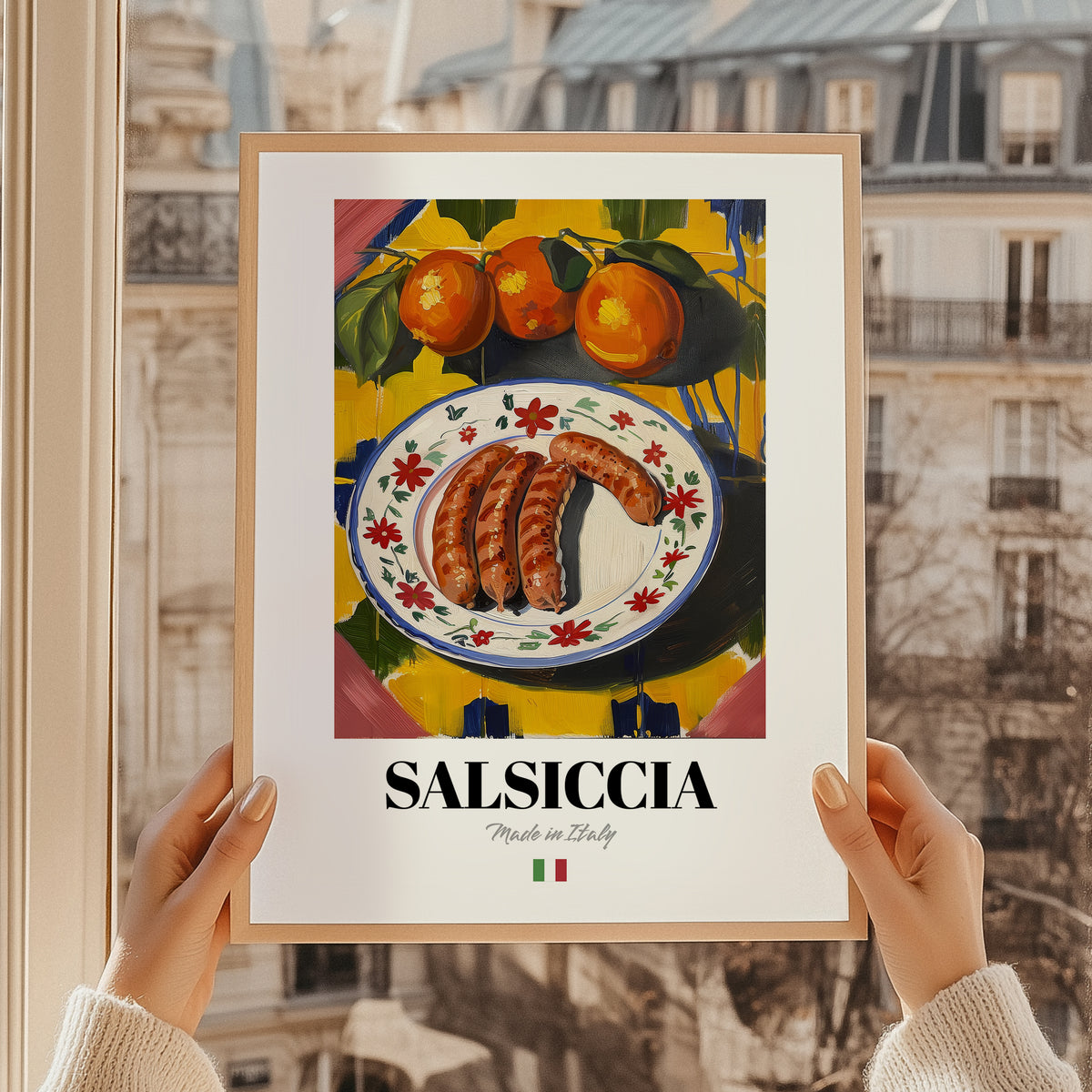 Salsiccia – Italian Meat Dish, Food Bar Poster, styled in a charming Paris street view