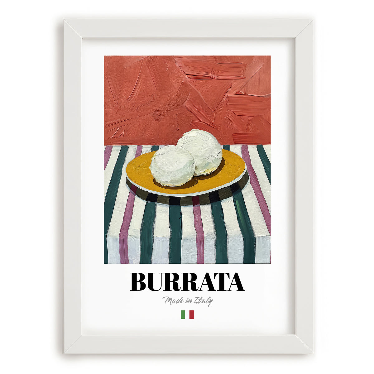 Burrata – Italian Cheese Dish, Fine Dining Restaurant Poster, placed in minimal white frame