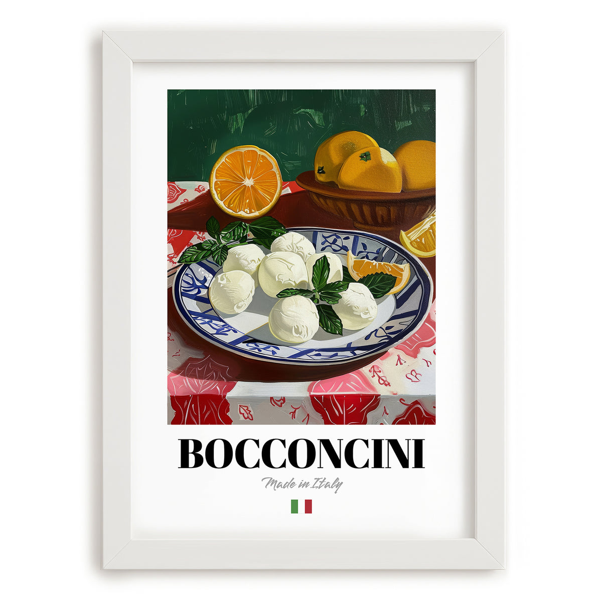 Bocconcini – Italian Cheese Dish, Restaurant Wall Art, placed in minimal white frame
