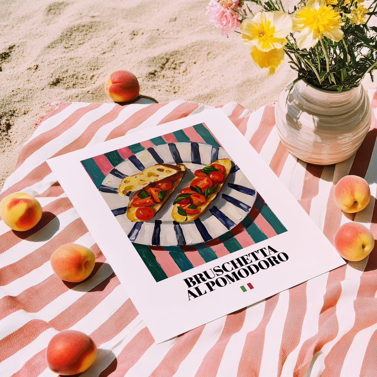Bruschetta al pomodoro – Italian Snack Dish, Café Art, unframed on coastal sand