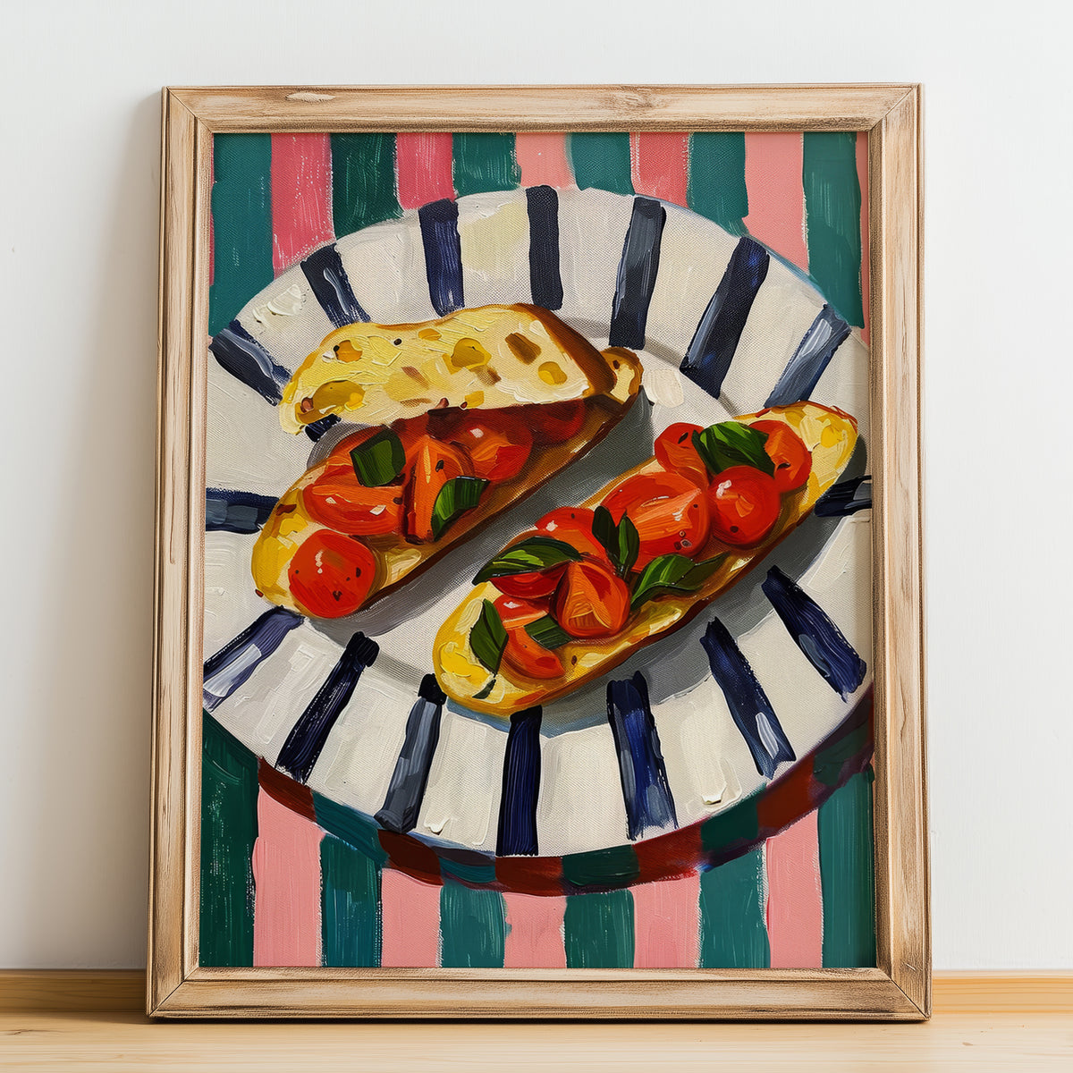 Bruschetta al pomodoro – Italian Snack Dish, Café Art, no-text version framed in wood