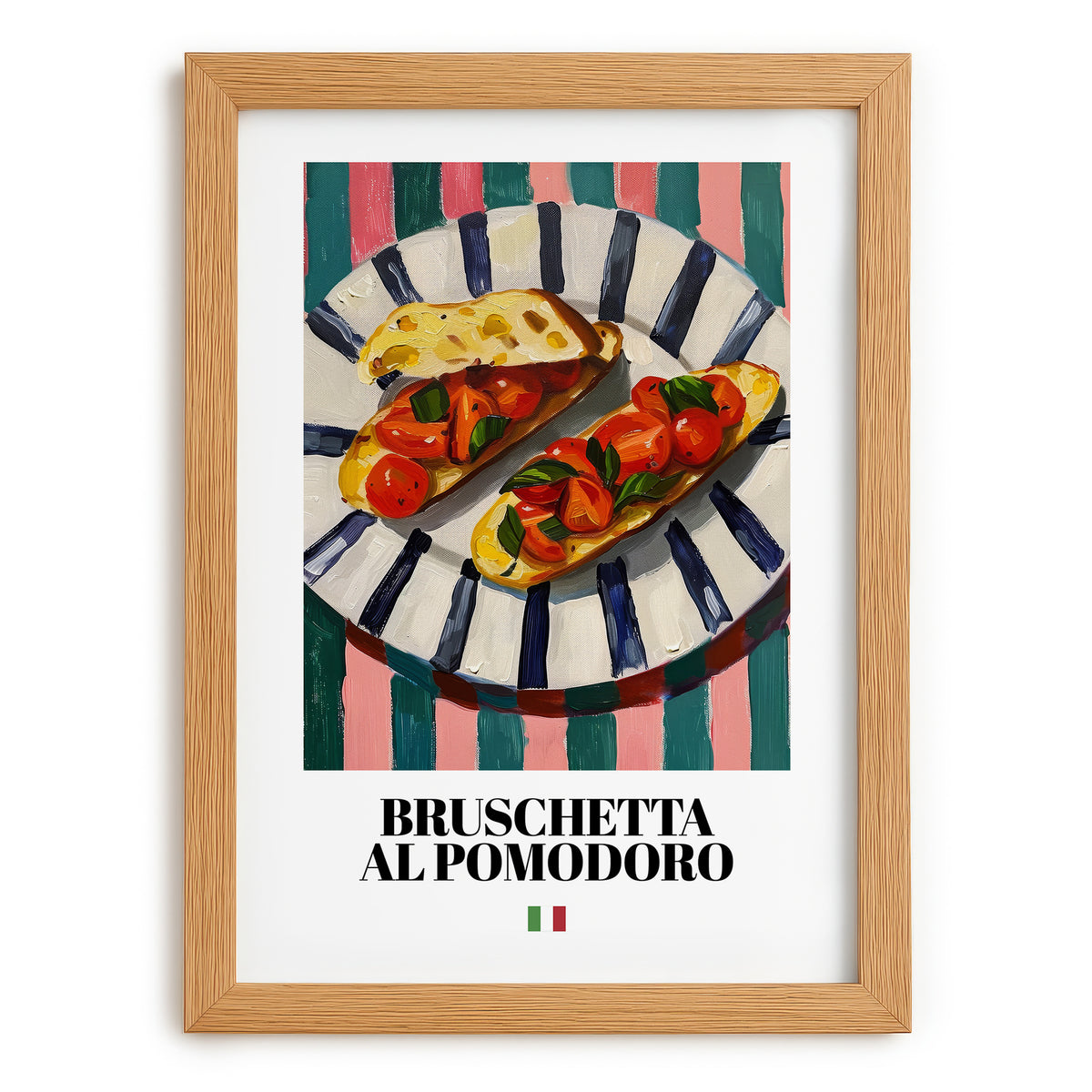Bruschetta al pomodoro – Italian Snack Dish, Café Art, set in oak frame
