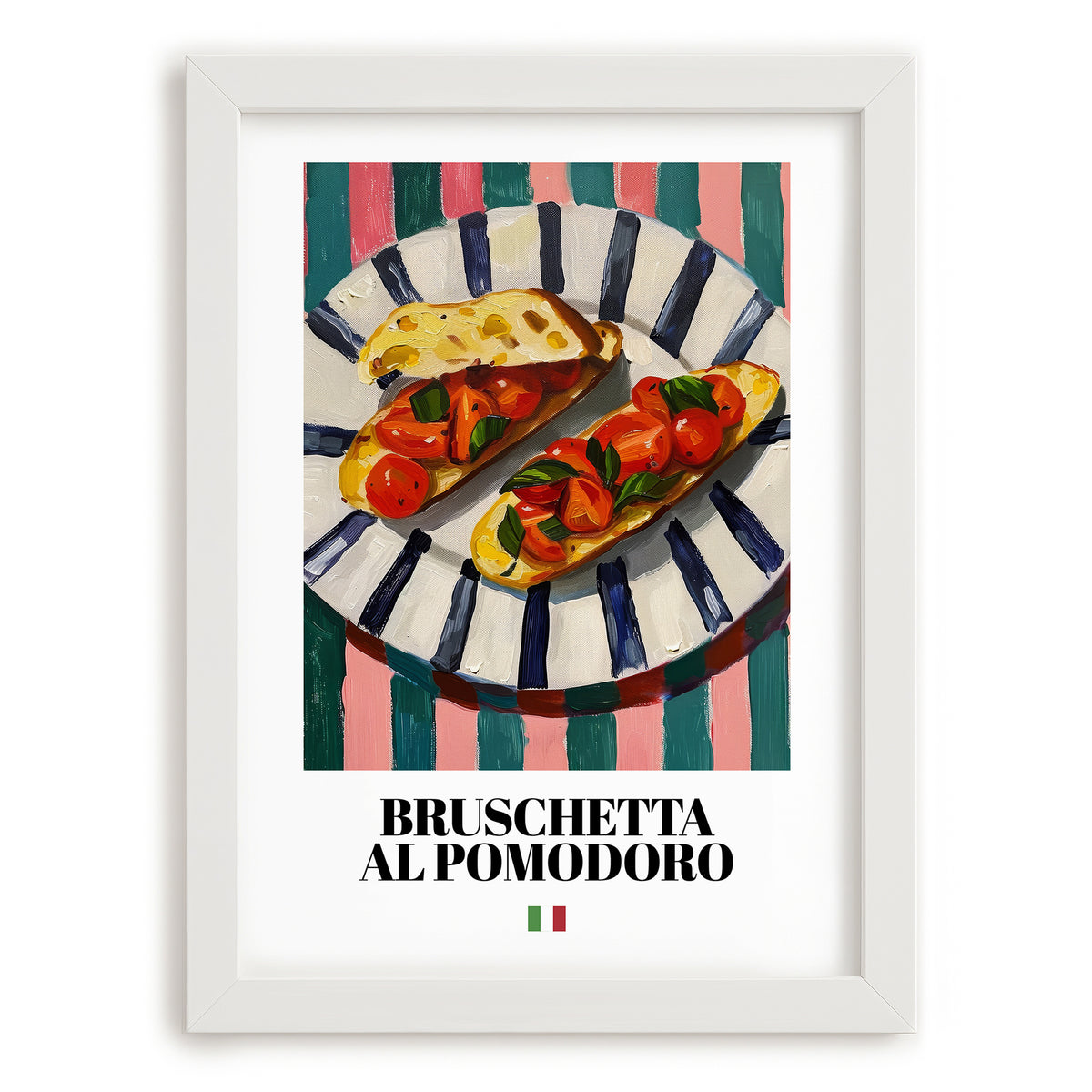 Bruschetta al pomodoro – Italian Snack Dish, Café Art, placed in minimal white frame