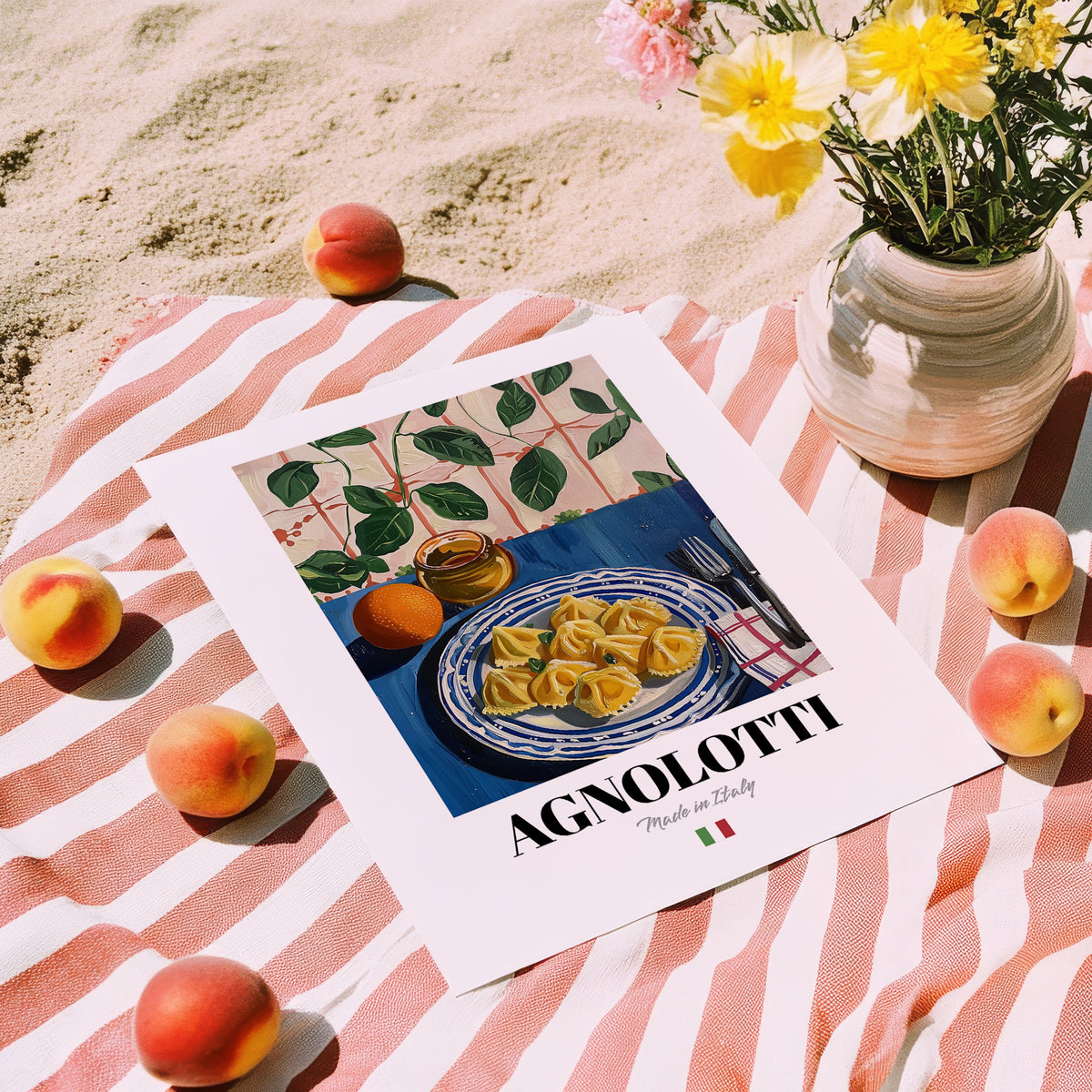 Agnolotti – Italian Pasta, Trattoria Poster, unframed on coastal sand