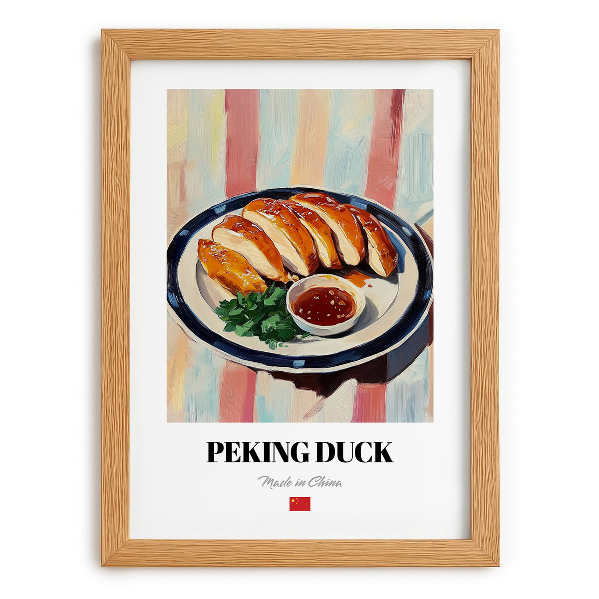 Peking Duck – on Striped Tablecloth, Chinese Food Poster, set in oak frame