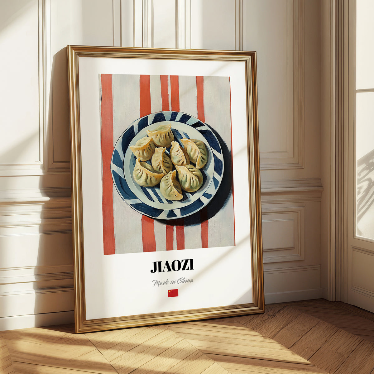 Jiaozi Dumplings – on Striped Tablecloth, Chinese Food Art