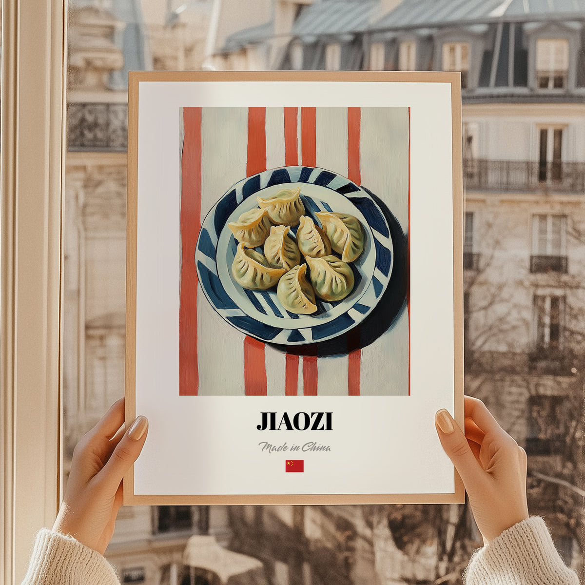 Jiaozi Dumplings – on Striped Tablecloth, Chinese Food Art, styled in a charming Paris street view