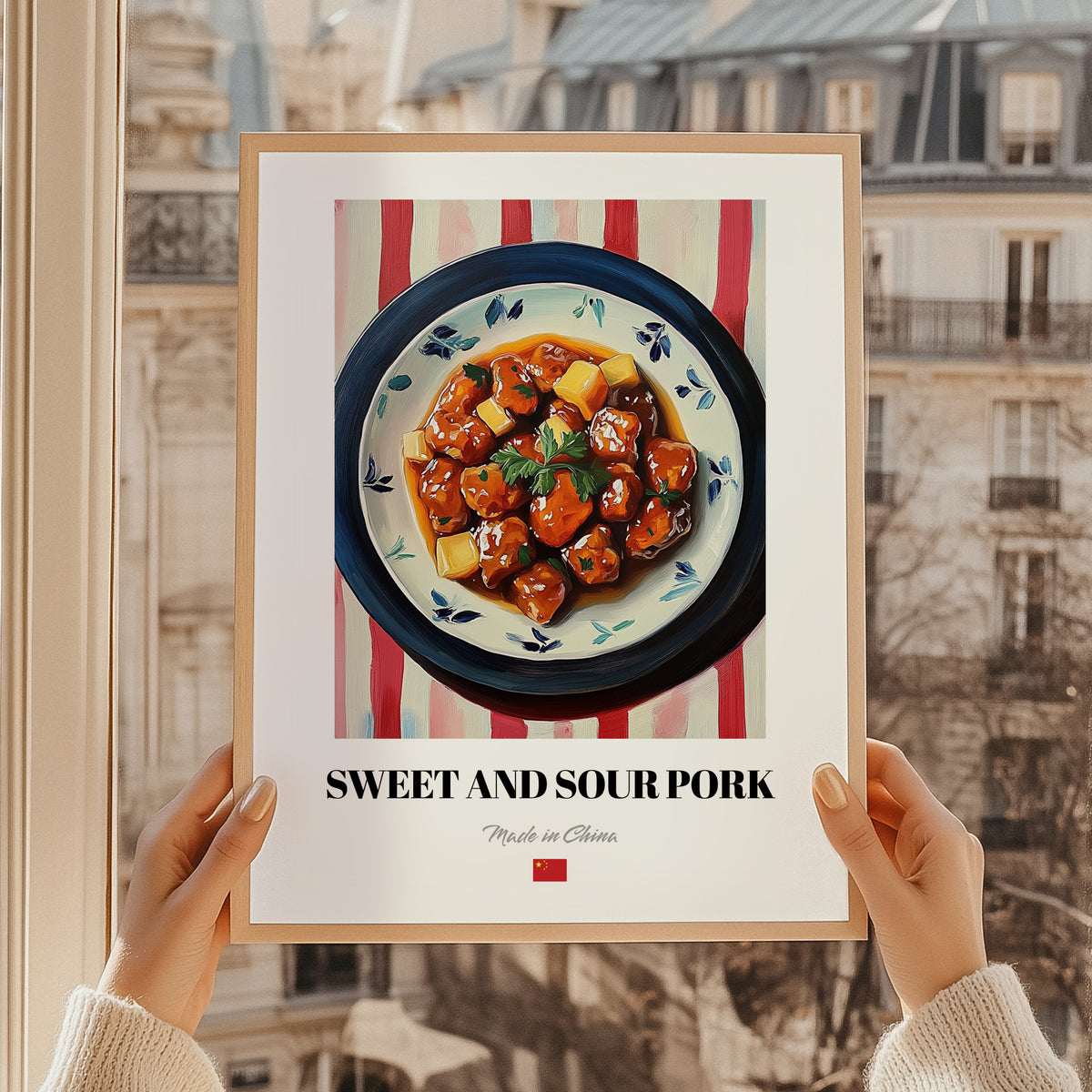 Sweet and Sour Pork – on Striped Tablecloth, Chinese Food Print, styled in a charming Paris street view