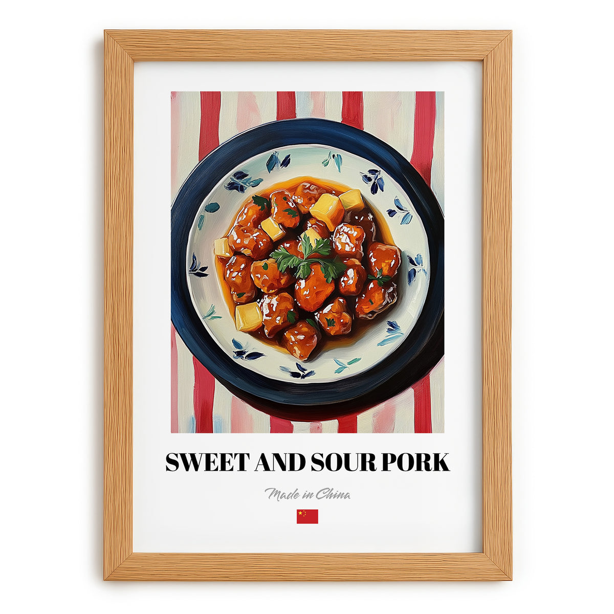 Sweet and Sour Pork – on Striped Tablecloth, Chinese Food Print, set in oak frame