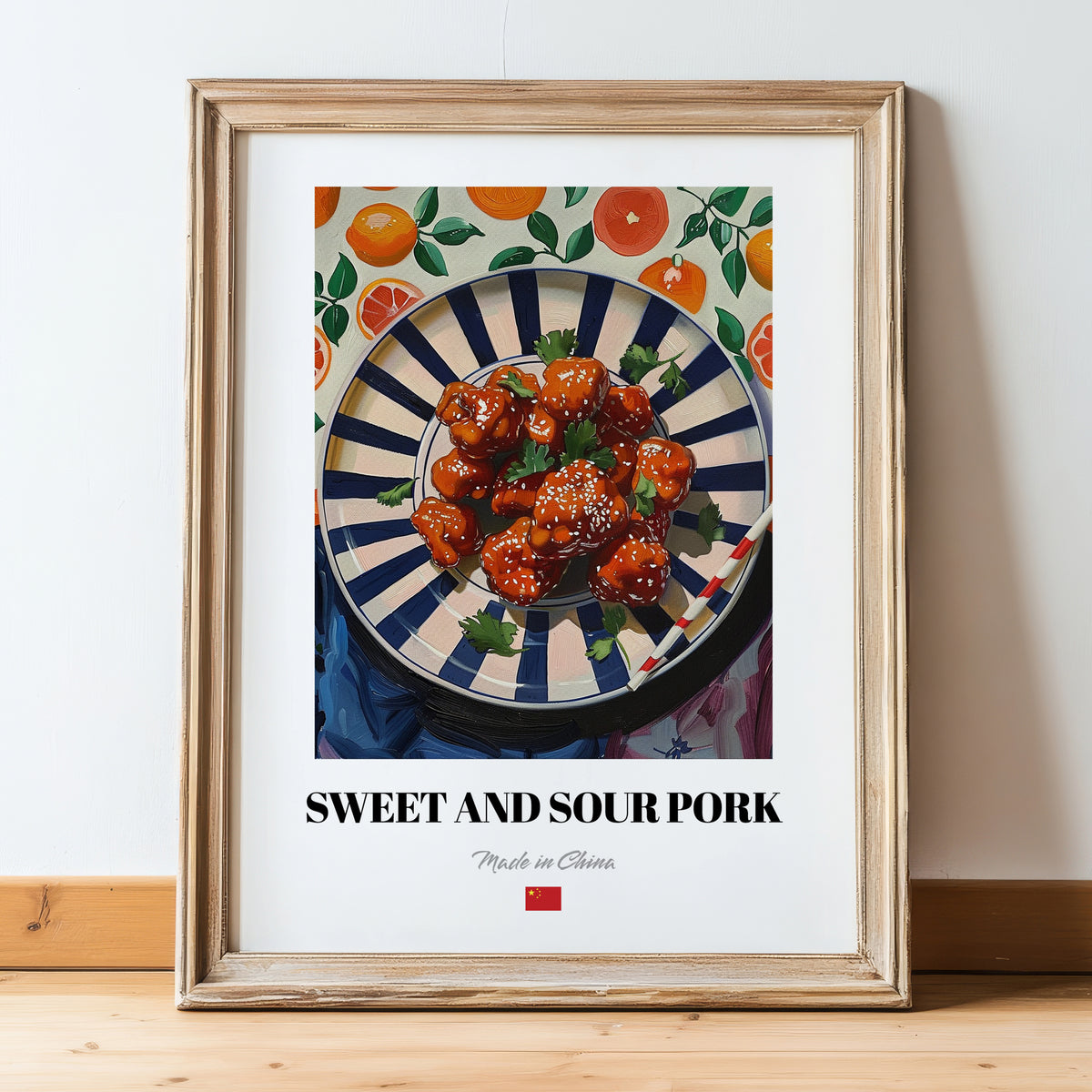 Sweet and Sour Pork – Oil Painting, Chinese Food Illustration, in wooden frame leaning on the floor