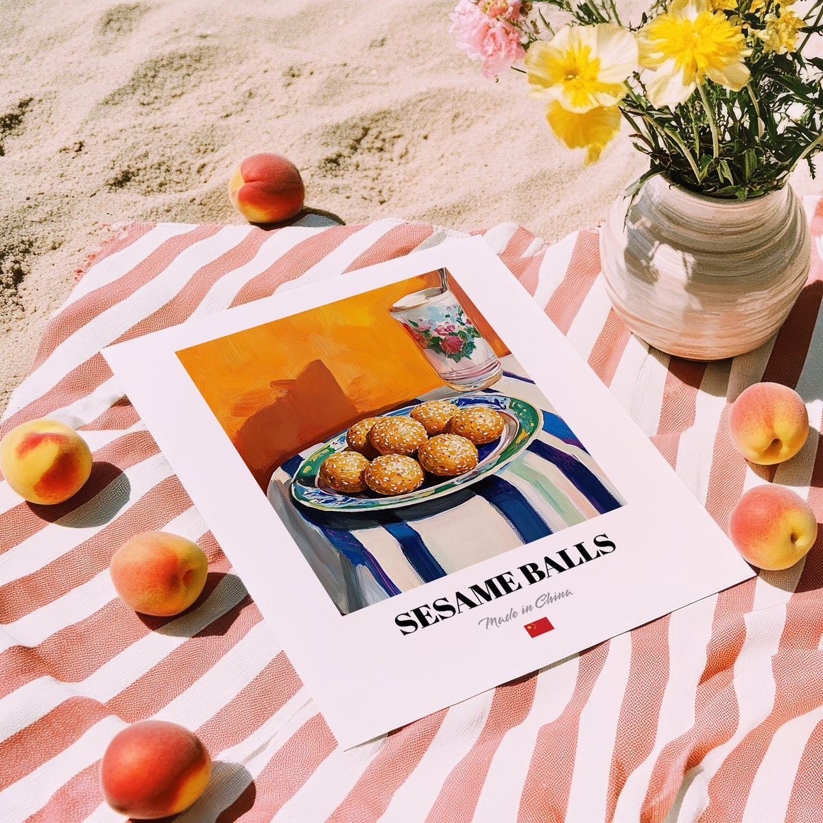 Sesame Balls (Jiān Dùi) – Oil Painting, Chinese Dessert Illustration, unframed on coastal sand