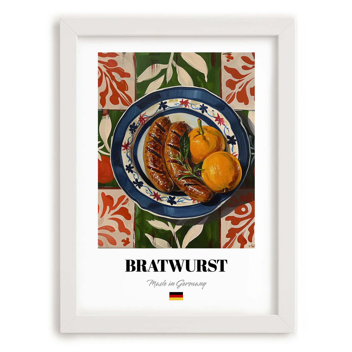 Bratwurst – Colorful Oil Painting, German Food Illustration, placed in minimal white frame