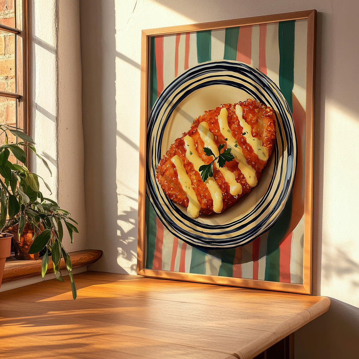 Schnitzel – on Striped Tablecloth, German Food Poster, clean layout with no caption
