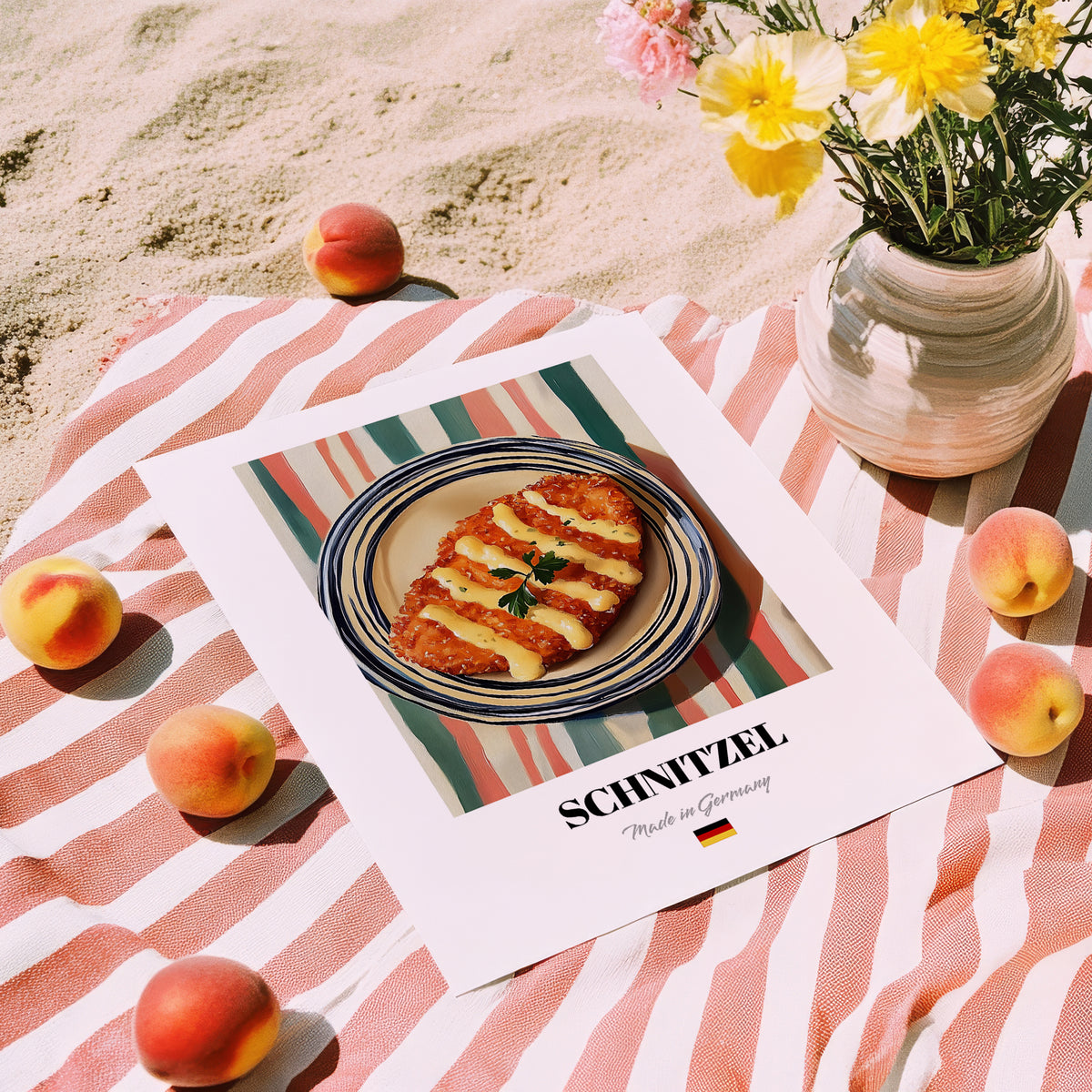 Schnitzel – on Striped Tablecloth, German Food Poster, unframed on coastal sand