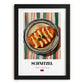 Schnitzel – on Striped Tablecloth, German Food Poster, in sleek black frame