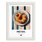 Pretzel (Brezen) – on Striped Tablecloth, German Pastry Wall Decor, placed in minimal white frame
