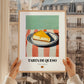 Tarta de Queso (Basque Cheesecake) – on Striped Tablecloth, Spanish Dessert Wall Decor, styled in a charming Paris street view