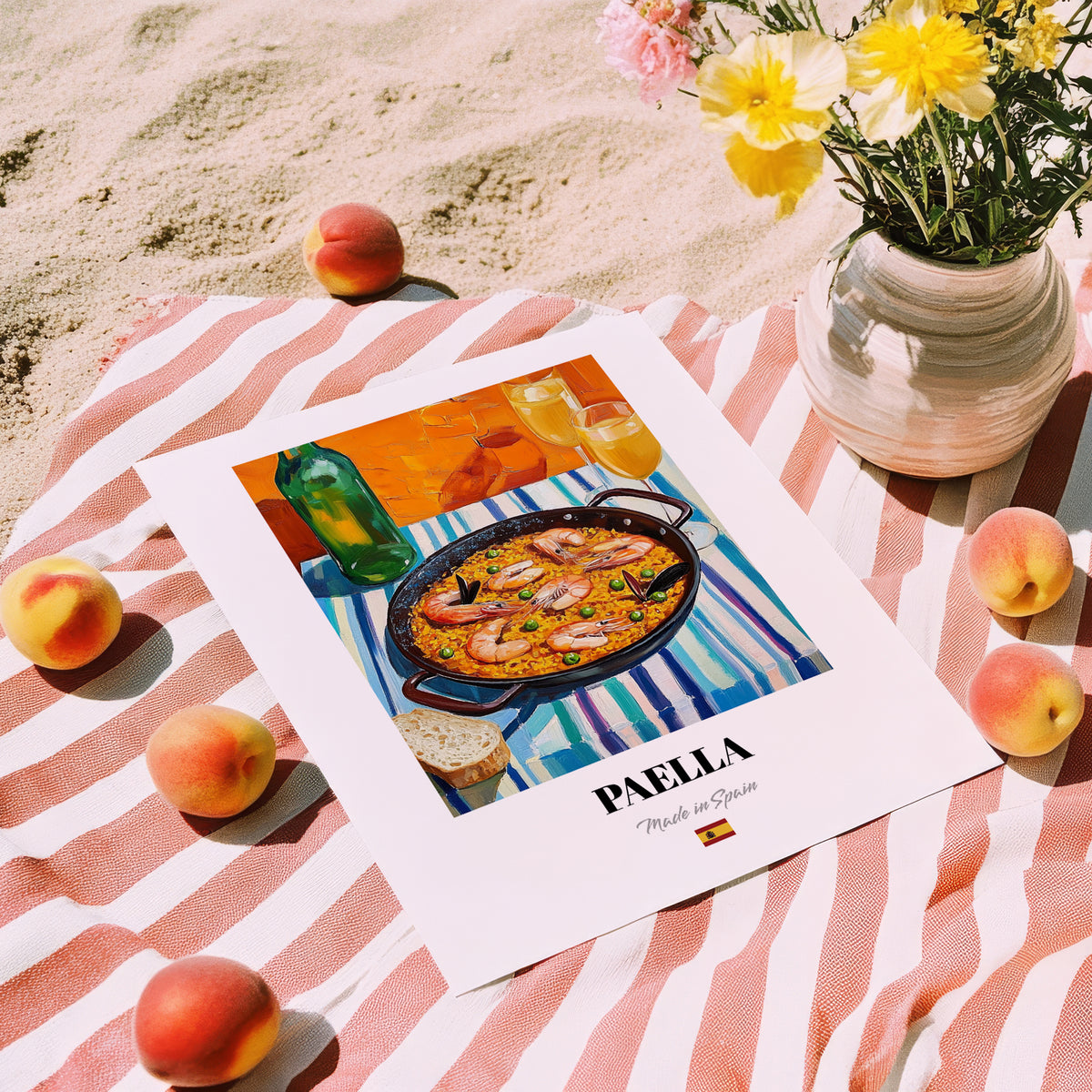 Paella – Colorful Oil Painting, Spanish Food Poster, unframed on coastal sand