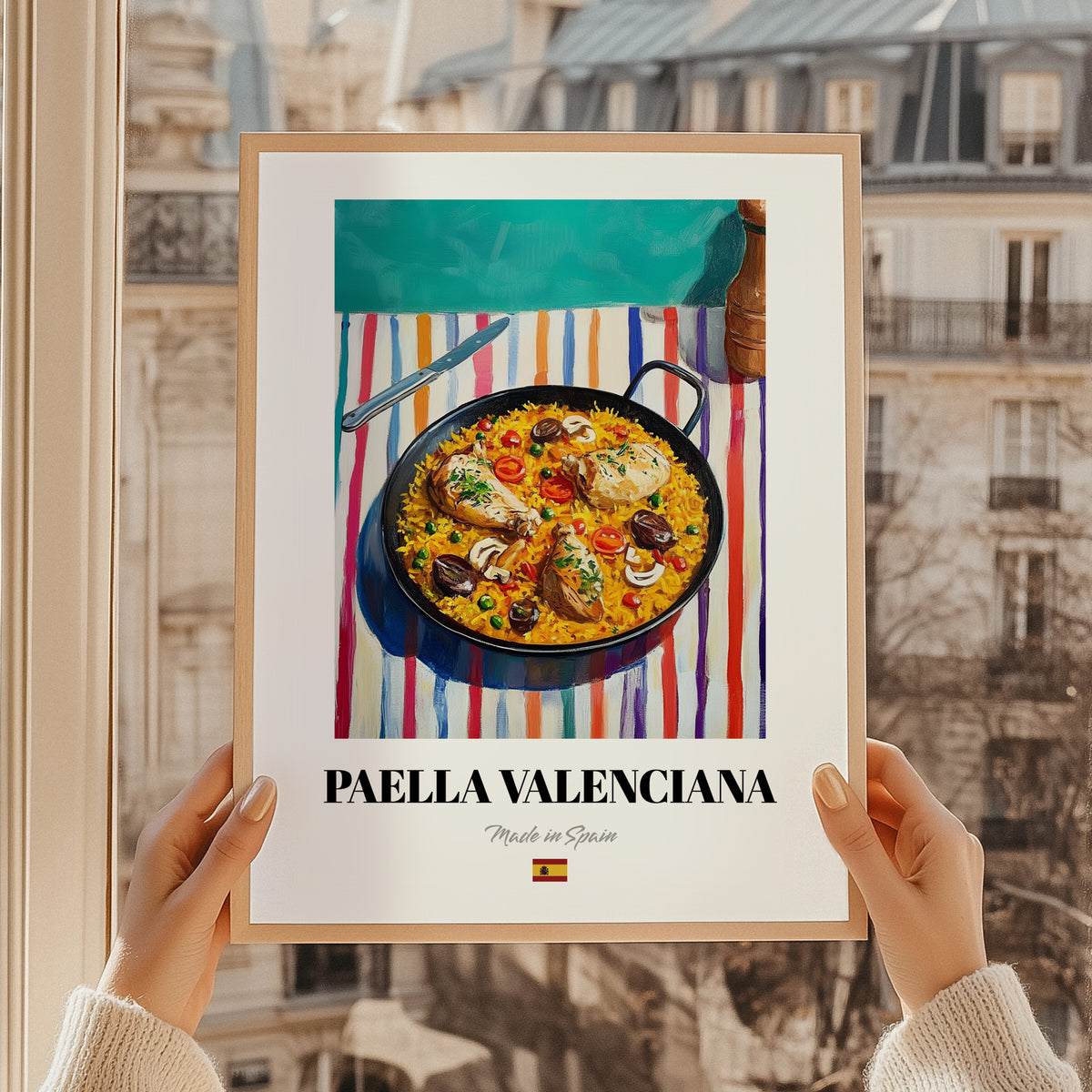 Paella Valenciana – on Striped Tablecloth, Spanish Food Painting, styled in a charming Paris street view