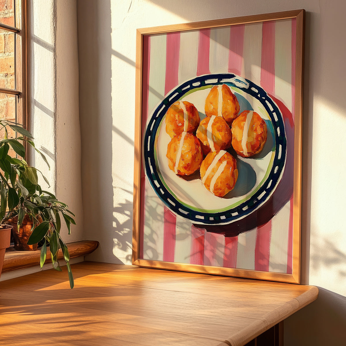 Croquetas de Jamón – on Striped Tablecloth, Spanish Food Still Life, clean layout with no caption