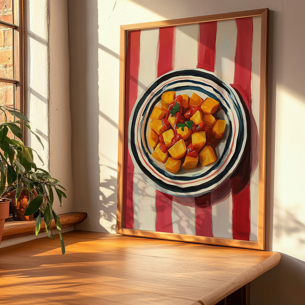 Patatas Bravas – on Striped Tablecloth, Spanish Food Wall Art, clean layout with no caption