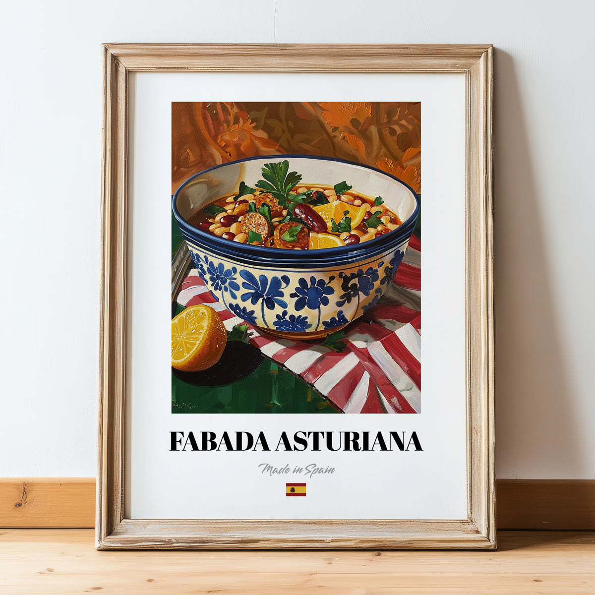 Fabada Asturiana – Art, Spanish Food Wall Art, in wooden frame leaning on the floor